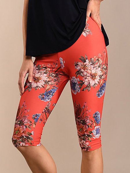 

Casual Floral Printed High Waist Capri Leggings, Red, Leggings