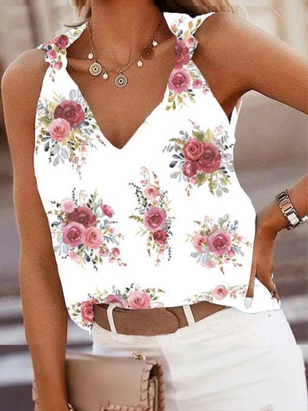 

V Neck Floral Casual Loosen Tank, White, Tank Top