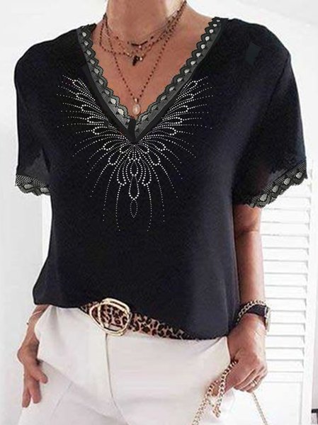 

Guipure V Neck Casual Short Sleeve T-Shirt, Black, Tees & T-shirts
