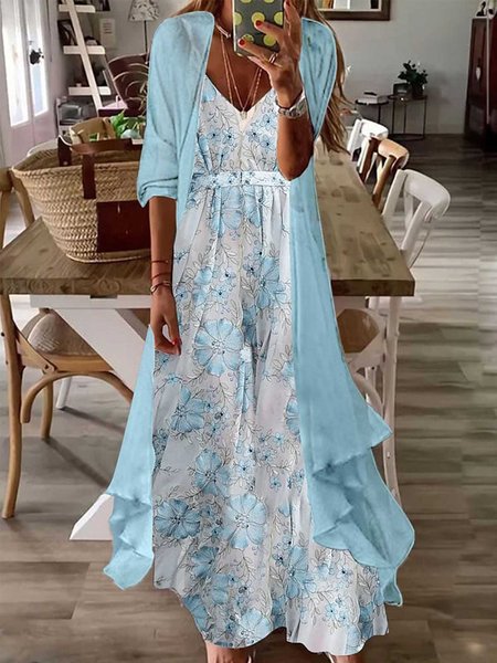 

Cherry Blossom gradient Flower Chiffon loose coat chiffon dress two piece set Plus Size, Light blue, Suit Set
