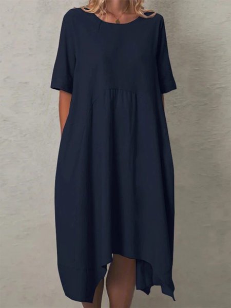 

Ruched Short Sleeve Woven Dress, Dark blue, Midi Dresses