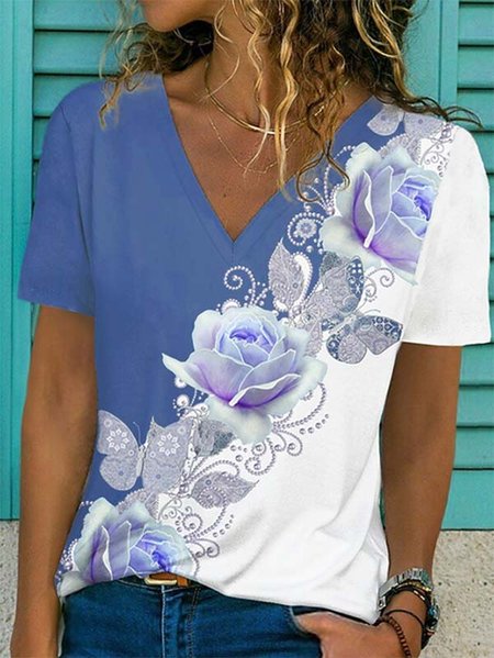 

Casual V neck Floral Short Sleeve T-Shirt, Blue, T-Shirts