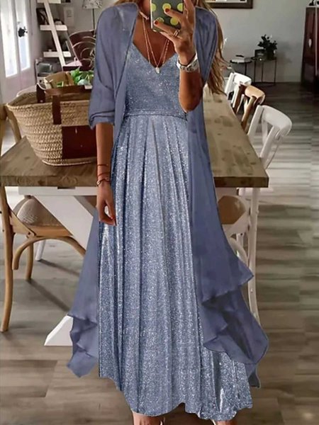 

Holiday basic elegant Chiffon two-piece set Plus Size Gliter Sequins, Purple, Suit Set