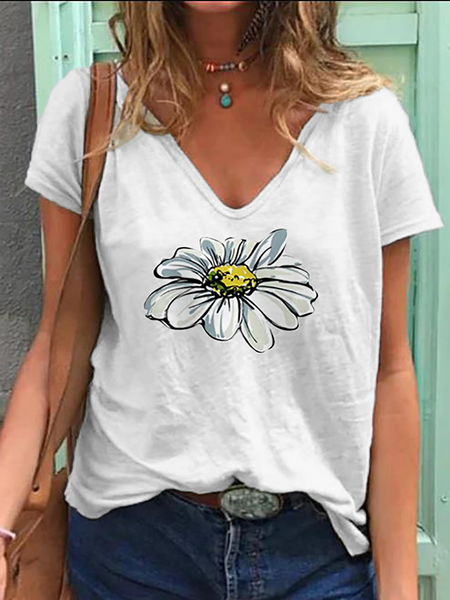 

Plus size V Neck Floral Short Sleeve T-Shirt, As picture, T-Shirts