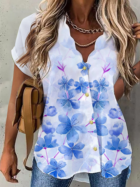 

Loosen Short Sleeve Blouse, White-blue, Blouses & Shirts