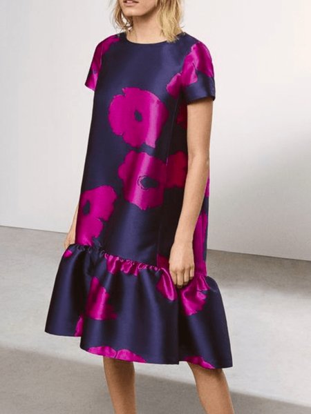 

Summer A-line Elegant Crew Neck Loosen Short Sleeve Woven Dress, Navyblue, Midi Dresses