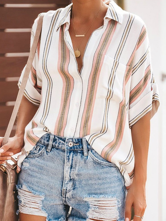 Striped Casual Loosen Mid Sleeve Blouse, White, Blouses & Shirts
