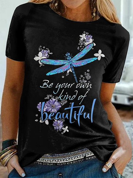 

Casual Dragonfly Crew Neck Short Sleeve T-Shirt, Black, T-Shirts