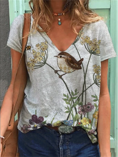 

Regular Fit Floral Bird Casual Short Sleeve T-Shirt, Multicolor, T-Shirts