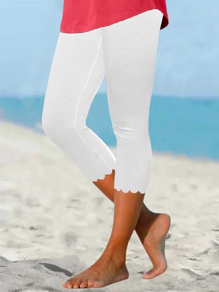 

Beach daily basic plain color patterned elastic waist high elastic burnt flower pants Plus Size, White, Shorts