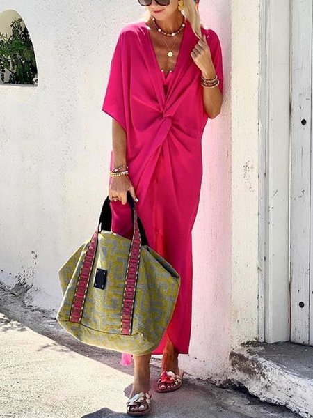 

Vacation Loosen Solid Short Sleeve Midi Dress, Rose red, Maxi Dresses