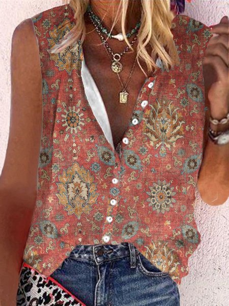

Tribal Buttoned Casual Sleeveless Loosen Blouse, As picture, Blouses & Shirts