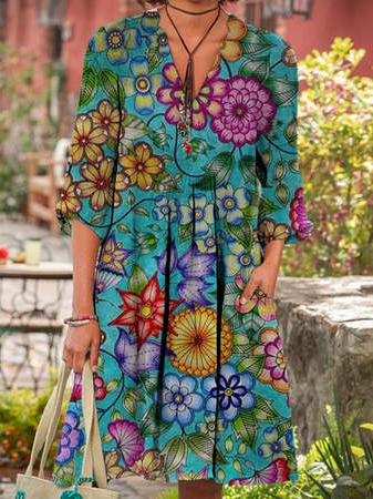 

Floral V Neck Casual Short Sleeve Woven Dress, Multicolor, Midi Dresses