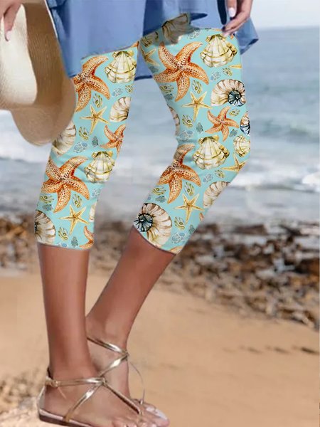 

Casual Beach Sea Printed Elastic Waist Cropped Pants, Aqua, Pants