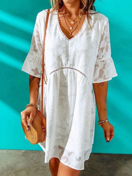 

Plain Guipure Hollow Out Short Sleeve Woven Dress, White, Mini Dresses