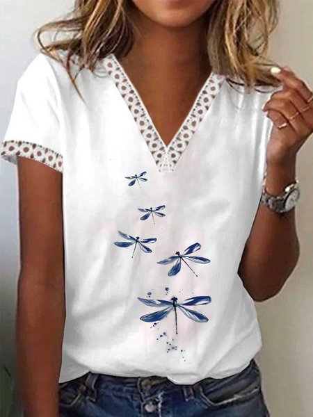 

Casual Lace Dragonfly V Neck Short Sleeve T-Shirt, White, T-Shirts