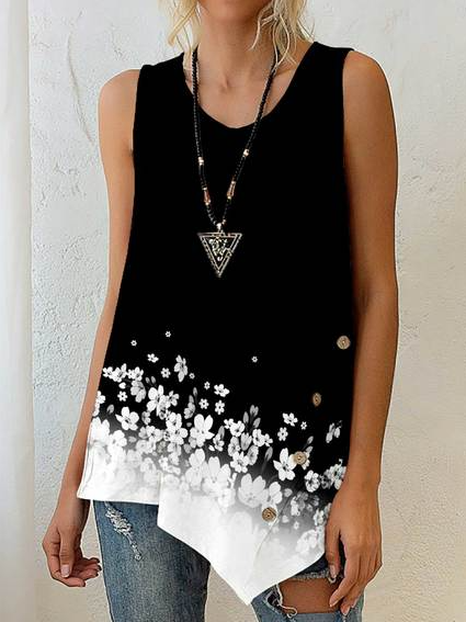 

Casual Asymmetric Floral Round Neck Knit Tank, Black, Tank Tops & Camis