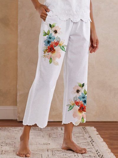 

Elastic Waist Cotton Floral Loosen Pants, White, Pants
