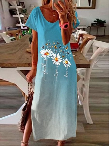 

Casual Floral Crew Neck Short Sleeve Knit Dress, Blue, Maxi Dresses
