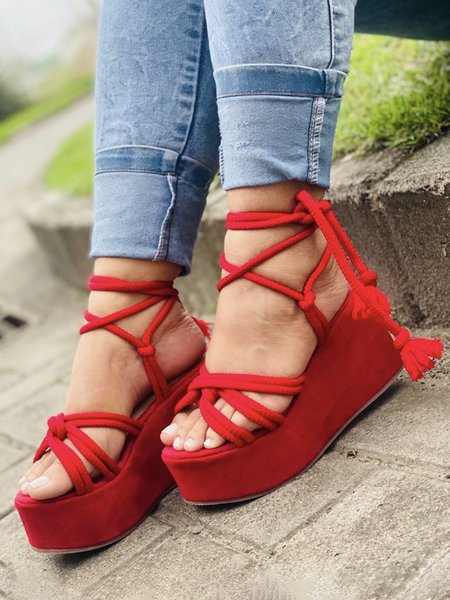

JFN Solid Velvet Ankle Strap Platform Sandals, Red, Sandals