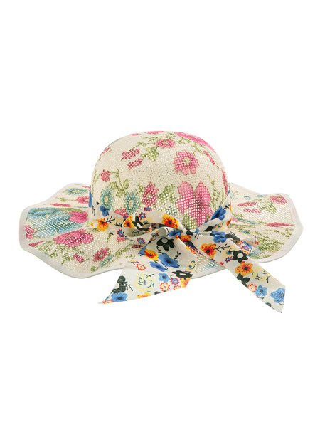 

Printed Ribbon Beach Floral Straw Hat, Color3, Women Hats