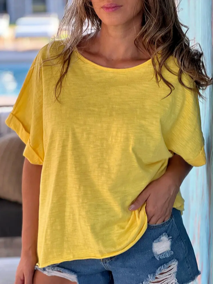 

Casual Loosen Plain Short Sleeve T-Shirt, Yellow, Tees & T-shirts