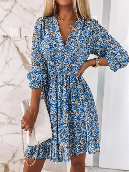 

Floral V neck Casual Half sleeve Dress, Blue, Mini Dresses