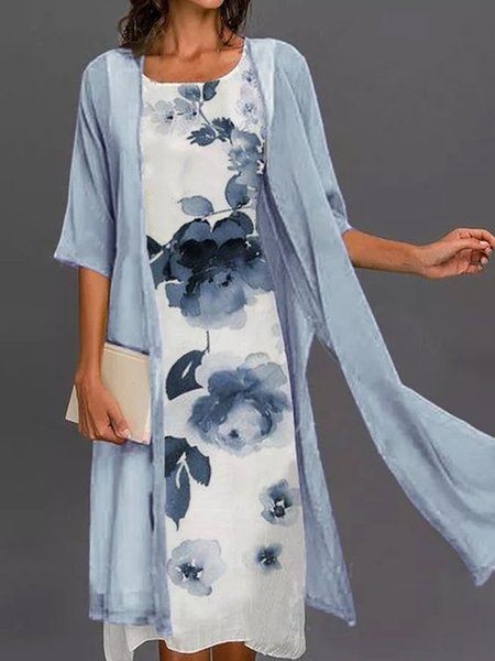 

Casual Crew Neck Floral Sleeveless Two Piece Sets, Blue, Midi Dresses