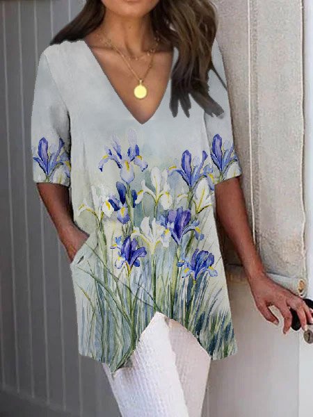 

Cotton V Neck Vacation Short Sleeve Tops, White, T-Shirts