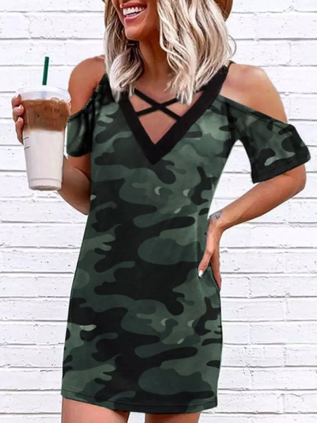 

Camo Regular Fit Short Sleeve Knit Dress, Army green, Dresses
