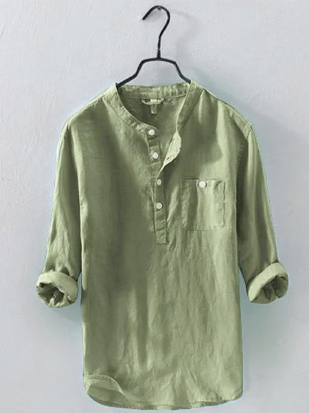 

Solid Color Long Sleeve Stand Collar Shirt, Green, Men's basic shirt