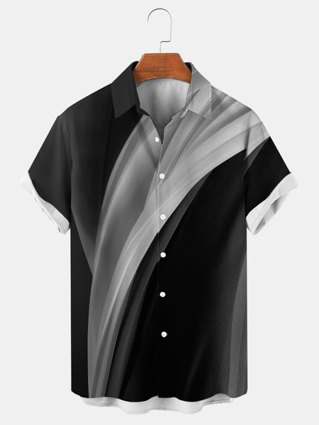 

Mens Line Art Print Casual Breathable Short Sleeve Shirt, Black, Shirts ＆ Blouse