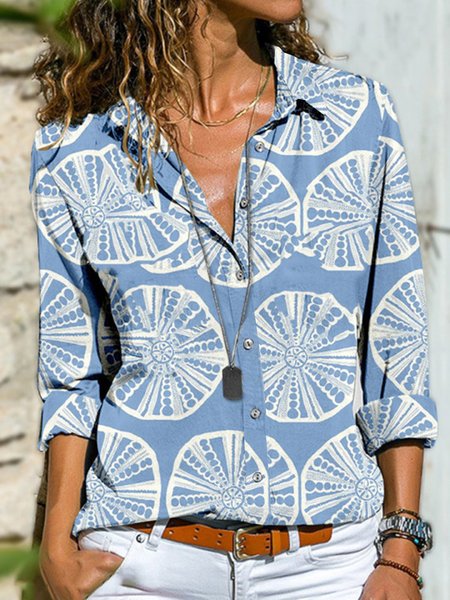 

Loosen Printed Shirt Collar Mid Sleeve Blouse, Blue, Blouses & Shirts