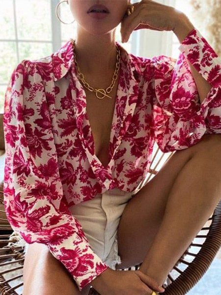 

Daily Shirt Collar Regular Fit Long Sleeve Blouse, Rose red, Blouses and Shirts