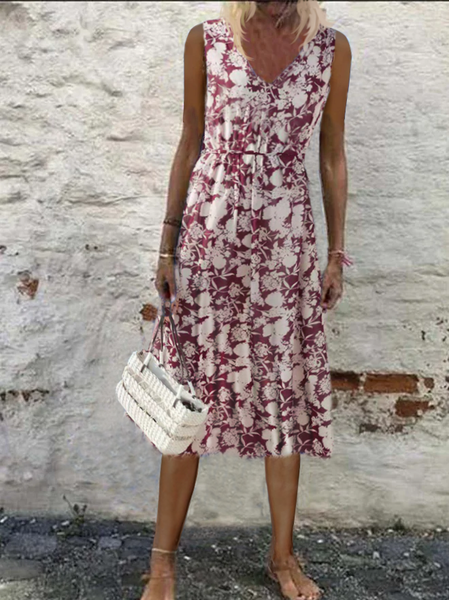 

V Neck Short Sleeve Woven Dress, Red, Midi Dresses