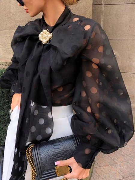 

Elegant Long Sleeve Polka Dots Top, Black, Tops