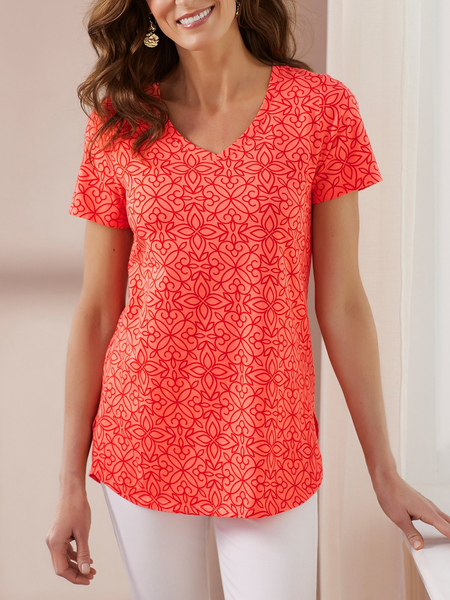 V Neck Tribal Short Sleeve Tops, Red, Tunics
