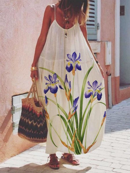 

Vacation U-Neck Loosen Short Sleeve Woven Dress, White, Maxi Dresses