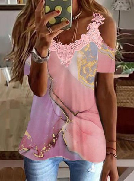 

Lace-Paneled Marine ombré Short Sleeve Tops, Pink, T-Shirts
