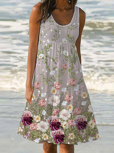 

Women's Boho Floral Print Sleeveless Dress, Khaki, Dresses