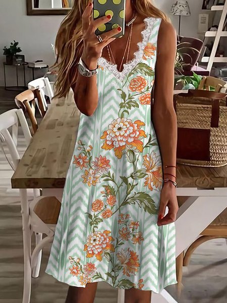 

Vacation Floral Geometric Striped Printed Casual Loosen V Neck Midi Sleeveless Knitting Dresses, Flower, Mini Dresses