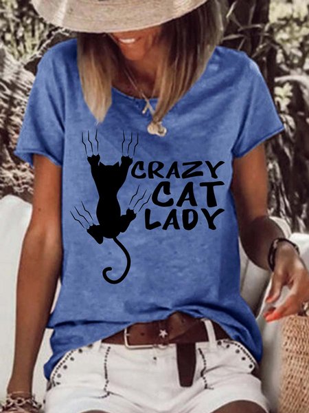 

Funny Crazy Cat Lady Loosen Letter Short Sleeve T-Shirt, Blue, T-shirts