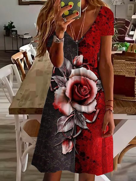 

Floral Casual Loosen Short Sleeve Knit Dress, As picture, Mini Dresses
