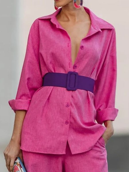 

Simple Regular Fit Shirt Collar Long Sleeve Blouse, Rose red, Blouses and Shirts