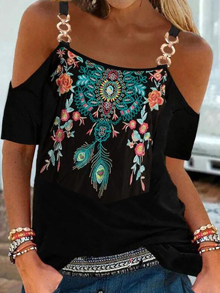 

Casual Regular Fit Tribal Short Sleeve T-Shirt, Black, T-Shirts