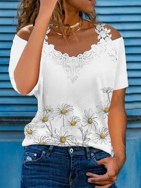 

Casual Floral V Neck Short Sleeve Loosen T-Shirt, White, T-Shirts