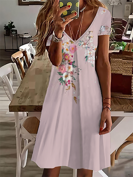 

Plus size Floral Short Sleeve Casual Dress, As picture, Mini Dresses