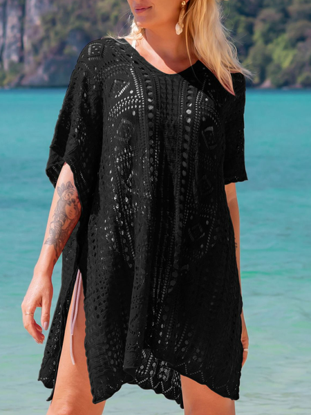

loosen beach dress V Neck Vacation Short Sleeve Sweater Dress, Black, Dresses
