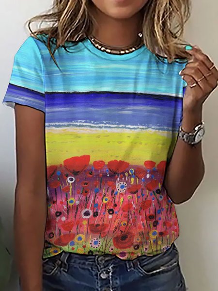 

Casual Simple Floral Gradient Print Crew Neck Short Sleeve T-Shirt, As picture, T-shirts