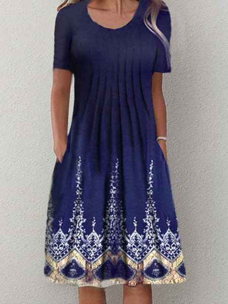 

Vacation Round Neck Tribal Regular Fit Short Sleeve Knit Dress, Navy blue, Dresses